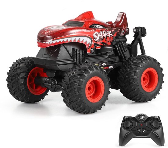 Afstandsbediening Auto - 2,4 GHz All Terrain Shark Monster Truck Speelgoed - RC Truck met Muziek - 3 Lichteffecten - Geschikt voor 360° Stunts - Speelgoedcadeaus voor Jongens en Meisjes (Rood)