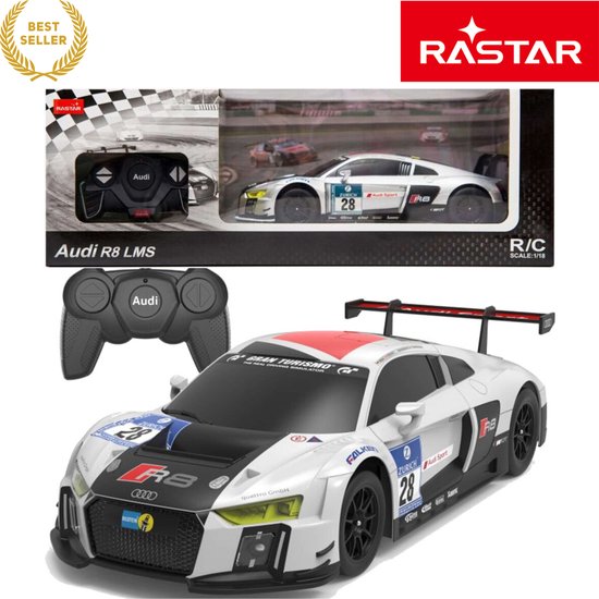 Rastar Audi R8 LMS 1:24 RC Auto Wit – Bestuurbare Auto - RC Auto - Afstandsbestuurbare Sportwagen met Openende Deuren, Realistische Details & Precisiebediening – Luxe Speelgoedauto voor Kinderen & Verzamelaars – Met Ebook