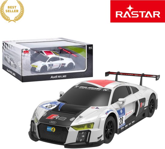 Rastar Audi R8 LMS 1:24 RC Auto Wit/Zwart – Bestuurbare Auto - RC Auto - Afstandsbestuurbare Sportwagen met Openende Deuren, Realistische Details & Precisiebediening – Luxe Miniatuurmodel voor Kinderen & Verzamelaars – Met Ebook