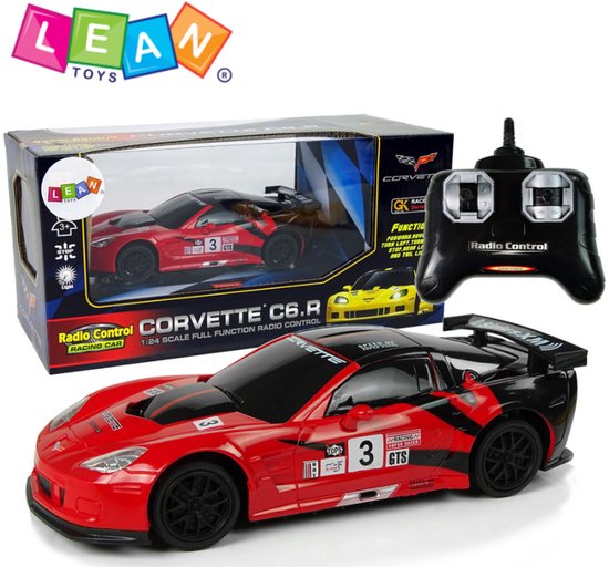 Lean Toys – RC Auto Corvette C6.R – 1:24 Schaal – Bestuurbare Auto - Officieel Gelicentieerd – Rood – Met Afstandsbediening, LED Verlichting & Rubberen Banden – Radiografisch Bestuurbare Auto – Speelgoedauto Kinderen + Gratis E-Book