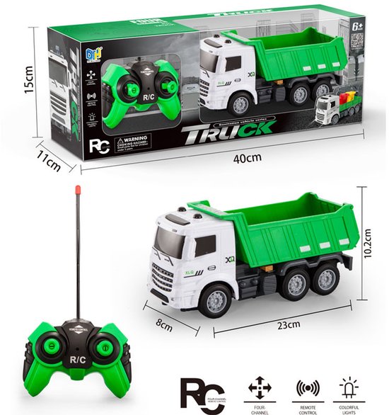 OODBLUE RC Truck – Afstandsbediening Vrachtwagen met Lichten – 1:20 Schaal – 4-Kanaals Besturing – Speelgoed voor Kinderen 3+ Jaar – Groene Kiepwagen