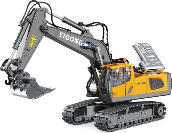 Mila - RC Graafmachine 1:20 – 11-Kanaals Op Afstand Bestuurbare Mini Graafmachine – Radio Control Bouwvoertuig met 680° Rotatie & LED – Speelgoed voor Kinderen – Geel