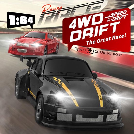 Mila - Supersnelle Mini RC Driftauto – Zwart - Desktop Drift Car 1:64 – RC Auto met LED – 4WD Afstandsbestuurbare Racewagen voor Binnen – Speelgoed voor Jongens & Meisjes – Cadeau Kinderen & Volwassenen