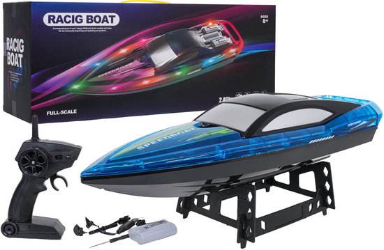 Playos® - RC Speedboot - Blauw - met Verlichting - 2,4 GHz - Wateractivatiesensor - USB Opladen - met Twee Reservepropellers -