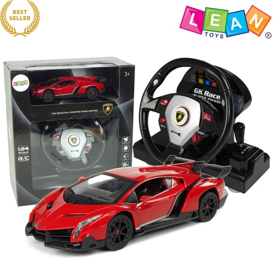 LEANTOYS Lamborghini Veneno RC Auto Rood – Bestuurbare Auto - Afstandsbestuurbare Sportwagen 1:24 met 2.4G Stuurwielcontroller, Geluid & Lichten – Realistische Mini Auto voor Kinderen, Jongens & Meisjes 3+ Met Ebook