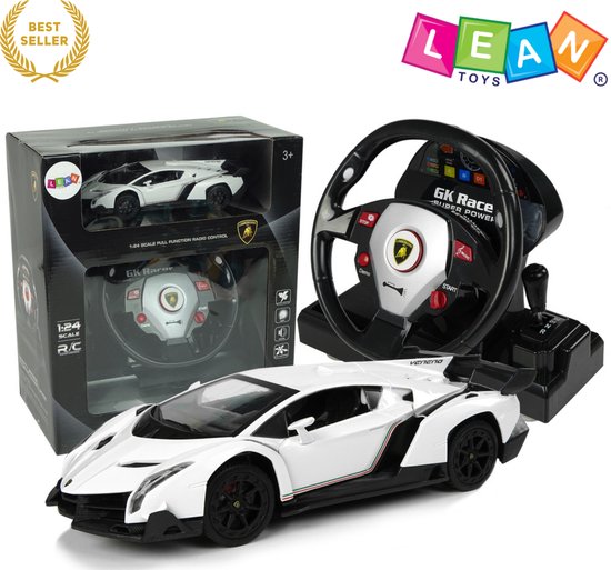 LEANTOYS Lamborghini Veneno RC Auto Wit – Bestuurbare Auto - Afstandsbestuurbare Sportwagen 1:24 met 2.4G Stuurwielcontroller, Geluid & Lichten – Realistische Mini Auto voor Kinderen, Jongens & Meisjes 3+ Met Ebook