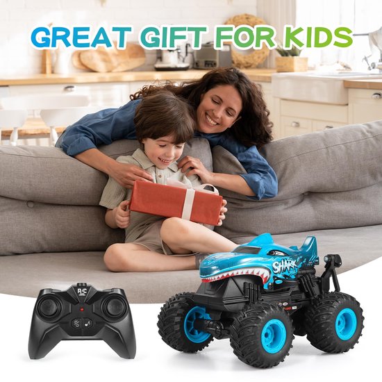 Monster Truck Toys - Afstandsbediening Monster Truck met licht en muziek - Dinosaurus speelgoed voor kinderen - 1:20 RC-truck met 360° spins en driften - Afstandsbediening auto voor jongens (blauw)