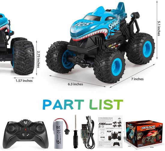 Monster Truck Toys - Afstandsbediening Monster Truck met licht en muziek - Dinosaurus speelgoed voor kinderen - 1:20 RC-truck met 360° spins en driften - Afstandsbediening auto voor jongens (blauw)