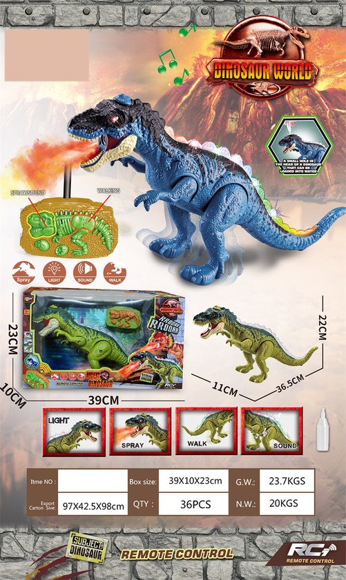 RC dinosaurus met licht geluid en rook - Jurassic remote control Dinosaur 37cm - Dino op afstandsbediening T-Rex