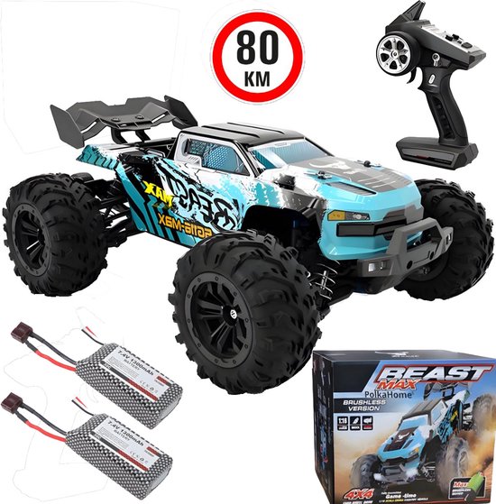 PolkaHome® Razendsnelle RC Auto 1:16 4WD – 80 km/u – Borstelloze Motor – Waterdicht – Met 2× 7.4V 1300mAh Li-Po Batterijen – Offroad Drift Auto met LED Lichten – Voor Volwassenen