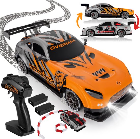 Overmax X-Tireburner Bestuurbare Auto – DRIFT & Race – 20 km/h – 2 Carrosserieën - 2 Snelheidsstanden – 2 Batterijen – 40 min Speeltijd – 2 Wielensets – LED Verlichting – Obstakelset – Gecodeerde Besturing – RC Auto