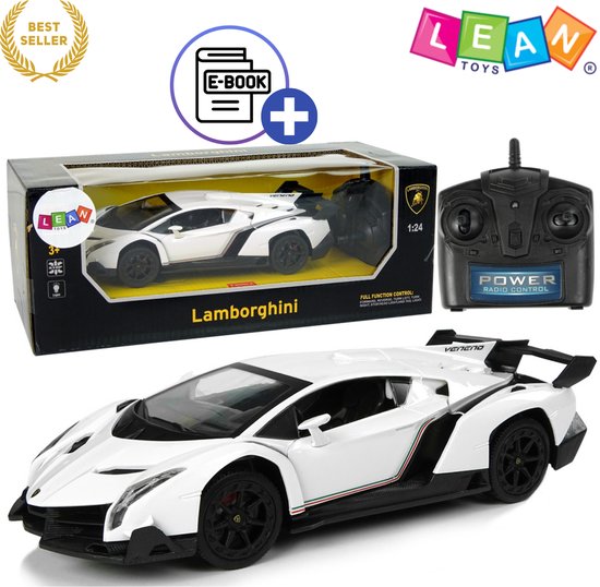 Lean Toys – RC Auto Lamborghini Veneno – Bestuurbare Auto - 1:24 Schaal – Officieel Gelicentieerd – Wit – Met Afstandsbediening, LED Verlichting & Rubberen Banden – Radiografisch Bestuurbare Auto – Speelgoedauto Kinderen + Gratis E-Book