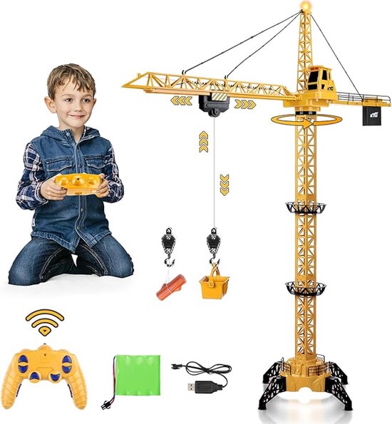 RC Torenkraan voor Kinderen – 128 cm Hoog – 3 Hoogtes (73/100/128 cm) – 2,4 GHz 6-kanaals – 680° Rotatie – Met Licht & Geluid – 150 g Hefvermogen – USB Oplaadbaar