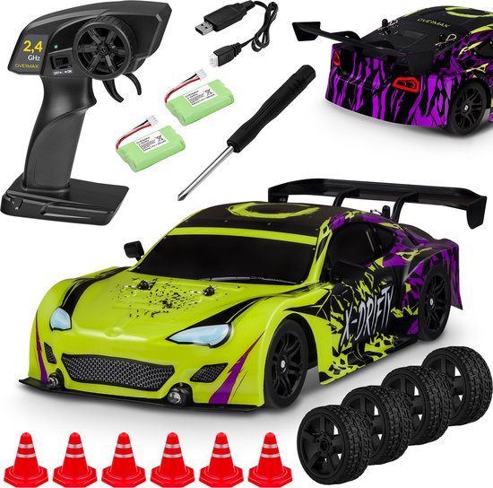 Overmax X-Drifty - R/C Auto 1:16 - 4WD - 40 Min Speeltijd - 20 km/u - LED-lampen - 2 Set Wielen - Drift & Race - Hindernissen & Stickers - Snel Opladen - Kinderen vanaf 3 Jaar - Bestuurbare Auto
