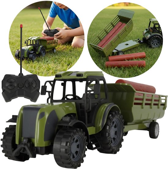 Op afstand bestuurbare tractor met aanhanger, MET AFSTANDSBEDIENING, landbouwmachine voor kinderen 6+