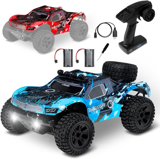 Overmax Hooligan - Bestuurbare Auto + Rood Auto Body- 4x4 wielaandrijving - 35km/h - All-Terrain - Schaal 1:10 - 40 minuten Speelplezier - Bereik tot 100 meter - 2 Oplaadbare Accu's - Race Offroad RC Auto Volwassenen & Kinderen