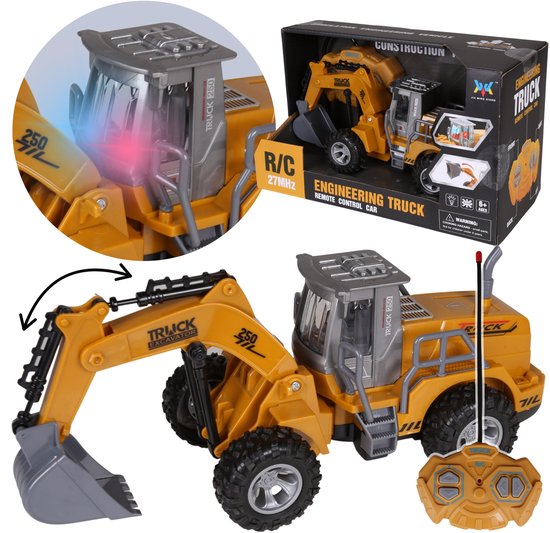 Op afstand bestuurbare graafmachine, bewegende onderdelen, geluid, bouwmachine met afstandsbediening 6+