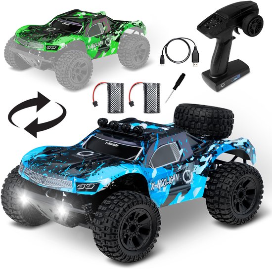 Overmax Hooligan - Bestuurbare Auto + Groen Auto Body- 4x4 wielaandrijving - 35km/h - All-Terrain - Schaal 1:10 - 40 minuten Speelplezier - Bereik tot 100 meter - 2 Oplaadbare Accu's - Race Offroad RC Auto Volwassenen & Kinderen