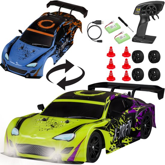 Overmax X-Drifty - R/C Auto + Blauwe carrosserie - 1:16 - 4WD - 40 Min Speeltijd - 20 km/u - LED-lampen - 2 Set Wielen - Drift & Race - Hindernissen & Stickers - Snel Opladen - Kinderen vanaf 3 Jaar - Bestuurbare Auto