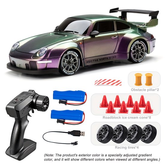 1/24 schaal RC driftauto met knipperende lichten, 4WD afstandsbediening off-roadraceauto met( 2 oplaadbare accu’s ) geschikt voor jongens en meisjes, verjaardag/Kerst/Thanksgiving cadeau, - plastic RC racevoertuig