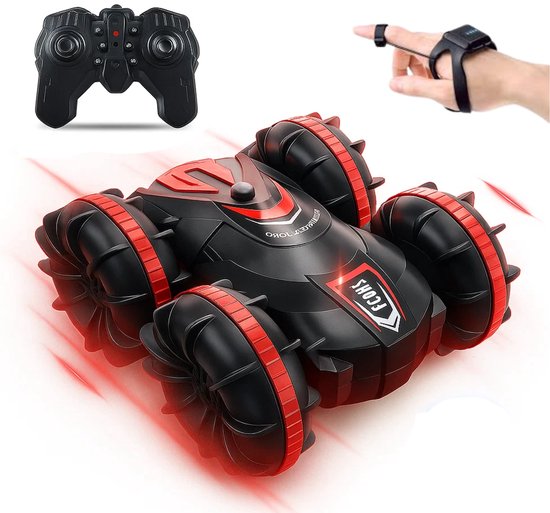 Teravo Bestuurbare Auto - Speelgoed Auto - Jongens en Meisjes - Batterij Inbegrepen - Polsbediening - RC Auto - Binnen en Buiten - Op Afstand Bestuurbare Auto - Land en Water - Rood