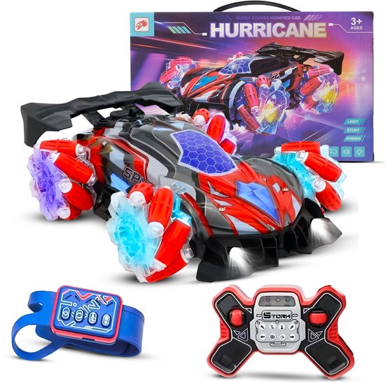 Yammii | Bestuurbare Auto - RC Auto - RC Stunt Car met Afstandsbediening en Polsbesturing - 1u Speelplezier ingebouwde Accu - 100 meter bereik - Race Auto met LED en Sprayeffect - Rood