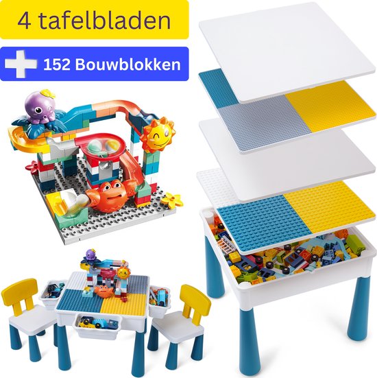 【Alles-in-1 Profi Promo】Bouwtafel set + 152 Bouwblokken met 2 Stoeltjes en 4 Bakjes - Blokkentafel - Speeltafel - Blokken Tafel Kinderen - Constructie Speelgoed 2, 3, 4, 5Y - Geschikt voor Duplo (Grote) & Lego (Kleine) Bouwstenen【WonderMind BT-S003】