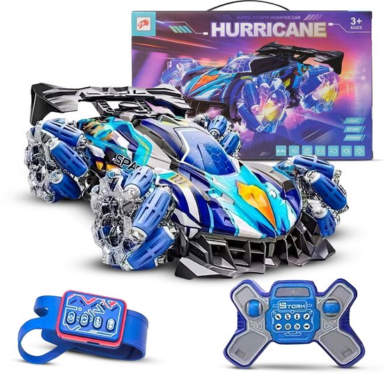 Yammii | Bestuurbare Auto - RC Drift Auto - RC Car met Afstandsbediening en Polsbesturing - 1u Speelplezier ingebouwde Accu - 100 meter bereik - RC Auto met LED en Sprayeffect - Blauw