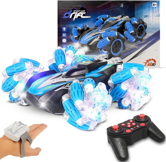 Yammii | Bestuurbare Auto - RC Drift Auto - RC Car met Afstandsbediening en Polsbesturing - 1u Speelplezier ingebouwde Accu - 100 meter bereik - RC Auto - Blauw