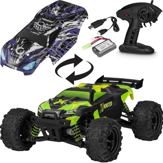 Overmax X-Monster 3.0 - RC Auto + Paars Auto Body - 4x4 wielaandrijving - Schaal 1:18 - 30km/h - Bestuurbare Auto - Volwassenen & Kinderen - Afstandsbestuurbare Auto - Offroad Monstertruck