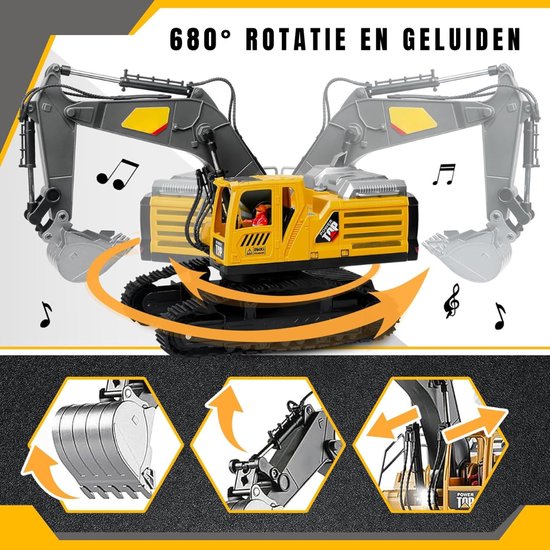 RVV® Bestuurbare Graafmachine - RC Graafmachine - Graafmachine op Bestuurbare Afstand - ‎Geel - 35 x 14 x 25 - 1:14
