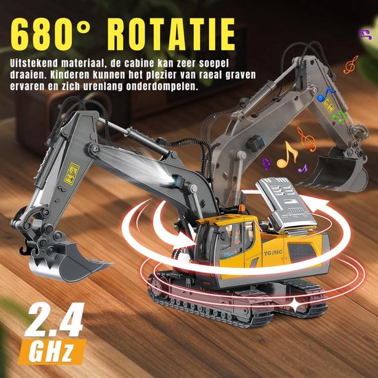 RVV® Bestuurbare Graafmachine - RC Graafmachine - Graafmachine op Bestuurbare Afstand - Geel - 40 x 16 x 11 - 2 Batterijen