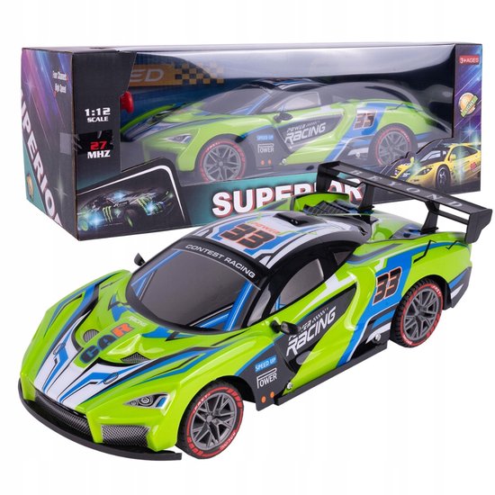 Playos® - Bestuurbare Raceauto - Groen - 1:12 - met LED-Verlichting - Afstandsbediening - Rubberen Wielen - RC Auto - Sportauto - Speelgoedvoertuig