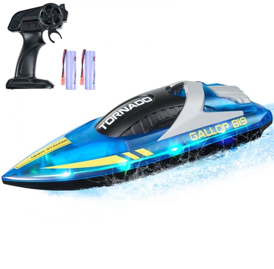 RC-boot - Op Afstand Bestuurbare Raceboot - Afstandsbediening 2,4 GHz - Snelheid 12 km/u - LED-Verlichting - Twee Accu's - Waterdicht - Zwembaden En Meren - Blauw