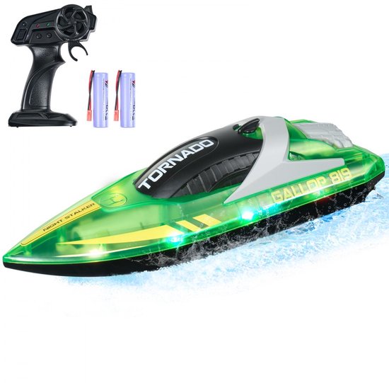RC Boot - Op Afstand Bestuurbare Raceboot - Besturing 2,4 GHz - Snelheid 12 km/u - LED Verlichting - Oplaadbare Batterijen 2x - Waterdicht - Voor Zwembad & Meer - Groen