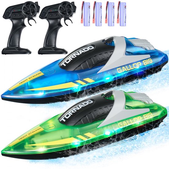 Op Afstand Bestuurbare Boot 2-Pack - RC Raceboot - 2,4 GHz - 12 km/u - Voor Zwembaden en Meren - LED Verlichting - 4 Oplaadbare Batterijen - Waterdicht - Blauw en Groen