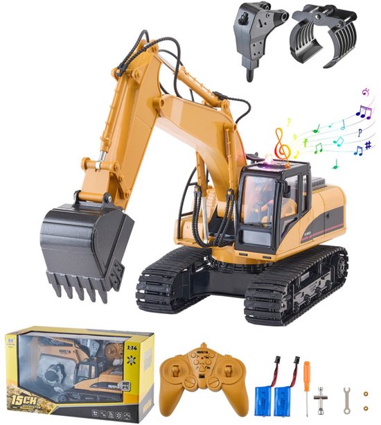 RC Graafmachine Speelgoed - Afstandsbedienbaar Model - Schaal 1:14 - 15 Kanalen - 3-in-1 - Metalen Bak - Licht en Geluid - 2 Accu's