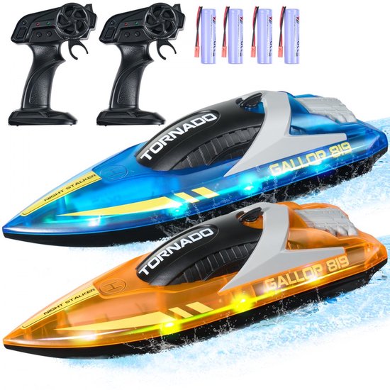 RC Boot - Radiografische Raceboot 2-Pack - 2,4 GHz - 12 km/u - LED Verlichting - 4 Oplaadbare Batterijen - Volledig Waterdicht - Voor Zwembaden en Meren - Blauw en Oranje