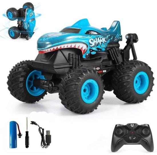 Bestuurbare Auto - RC Auto 360° draaiende- Monstertruck met lampjes en geluid- 20 km/u Muziek en Licht Stunt Auto - 1:20 - 2.4GHz -Blauw