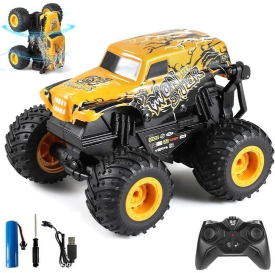 Bestuurbare Auto - RC Auto 360° draaiende- Monstertruck met lampjes en geluid- 20 km/u Muziek en Licht Stunt Auto - 1:20 - 2.4GHz -Geel