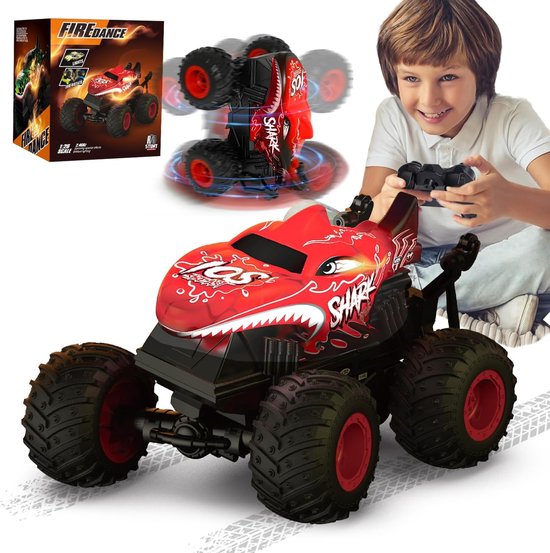 Bestuurbare Auto - RC Auto 360° draaiende- Monstertruck met lampjes en geluid- 20 km/u Muziek en Licht Stunt Auto - 1:20 - 2.4GHz -rood