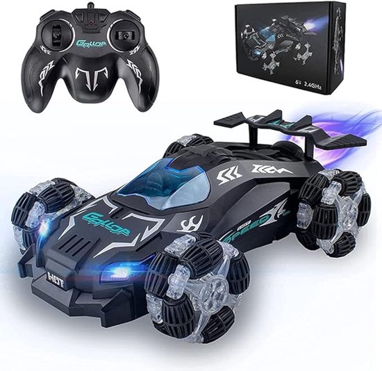 Bestuurbare auto - RC auto - RC Stunt Car - met LED-verlichting en geluiden - 4WD terreinwagen - 360 ° flips - 2,4 Ghz - Radiografisch Bestuurbare Auto voor Jongens & Volwassenen voor Buiten - Zwart