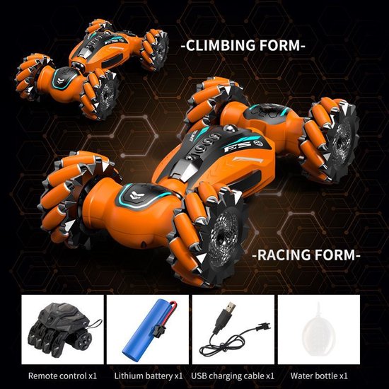 Bestuurbare Auto - RC Stunt Car - Hyper 4WD Twist - Met vernevelingssysteem en licht- Gebaarbediening en Licht/Muziek - Voor Binnen en Buiten - oranje kleur
