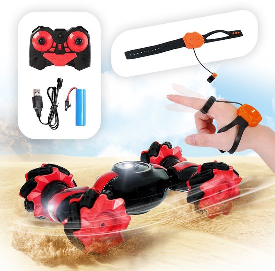 Offroad RC Auto 1:16 met Handgebaarbesturing en Afstandsbediening – Oplaadbare Stuntauto met LED Verlichting – 360° Draaien, Driften en Flippen – Zwart/Rood – Speelgoed Auto voor Kinderen