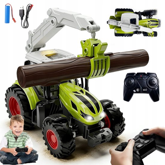 Speelgoed Trekker - Bestuurbare Trekker Met Grijparm - 6 Kanaals & 2.4GHz Afstandsbediening - Kinderspeelgoed - Voor Kinderen 3-12 Jaar - Veilig & Educatief - Inclusief Boomstam & Accu
