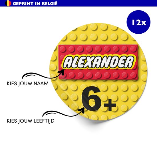 Stickers verjaardag kind | Lego | Gepersonaliseerd | Naam | Leeftijd | Per 12 | Traktatie | Uitdelen | Sluitzegel | Bedankje | Bedankt | Envelop | Cadeau | Gift | Cadeauzakje | Traktatie | Inpakken| Feest | Sticker | Stijlvol | 6cm | 60mm