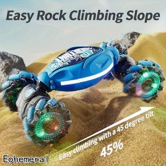 Op afstand bestuurbare off-road stuntauto met 4WD, coole lichten en muziek. Perfect als cadeau. Inclusief polsbandbediening voor sturen met handgebaren.