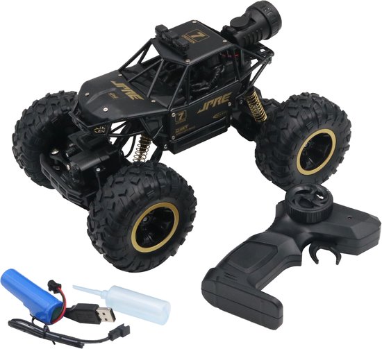 FUNFY 1:16 Rock Explorer RC Car 4WD – Remote Control Offroad Stunt Car with Dual Motor & Mist Spray – Rechargeable Remote Control Car with Grip Tires & Suspension – Black Toy Gift for Kids
