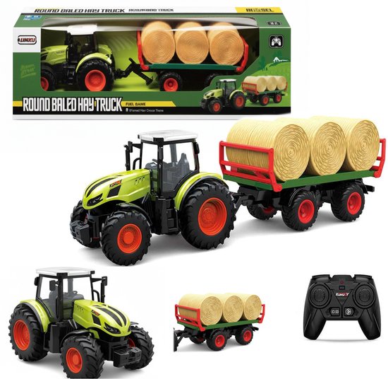 COIL RC Tractor met Aanhanger en Hooibalen – Afstandsbestuurde Tractor Speelgoed – Boerderij Speelgoed voor Kinderen – Tractor met Trailer - Schaal: 1:24 - USB-kabel - vanaf 3 jaar