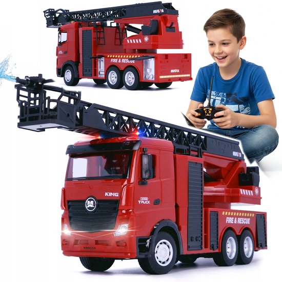 COIL Brandweerwagen met afstandsbediening - RC met ladder - 1:18 - Spuit water - LED-verlichting - 2,4 GHz afstandsbediening - Oplaadbare batterij - USB - Geschikt voor kinderen vanaf 8 jaar - Rood